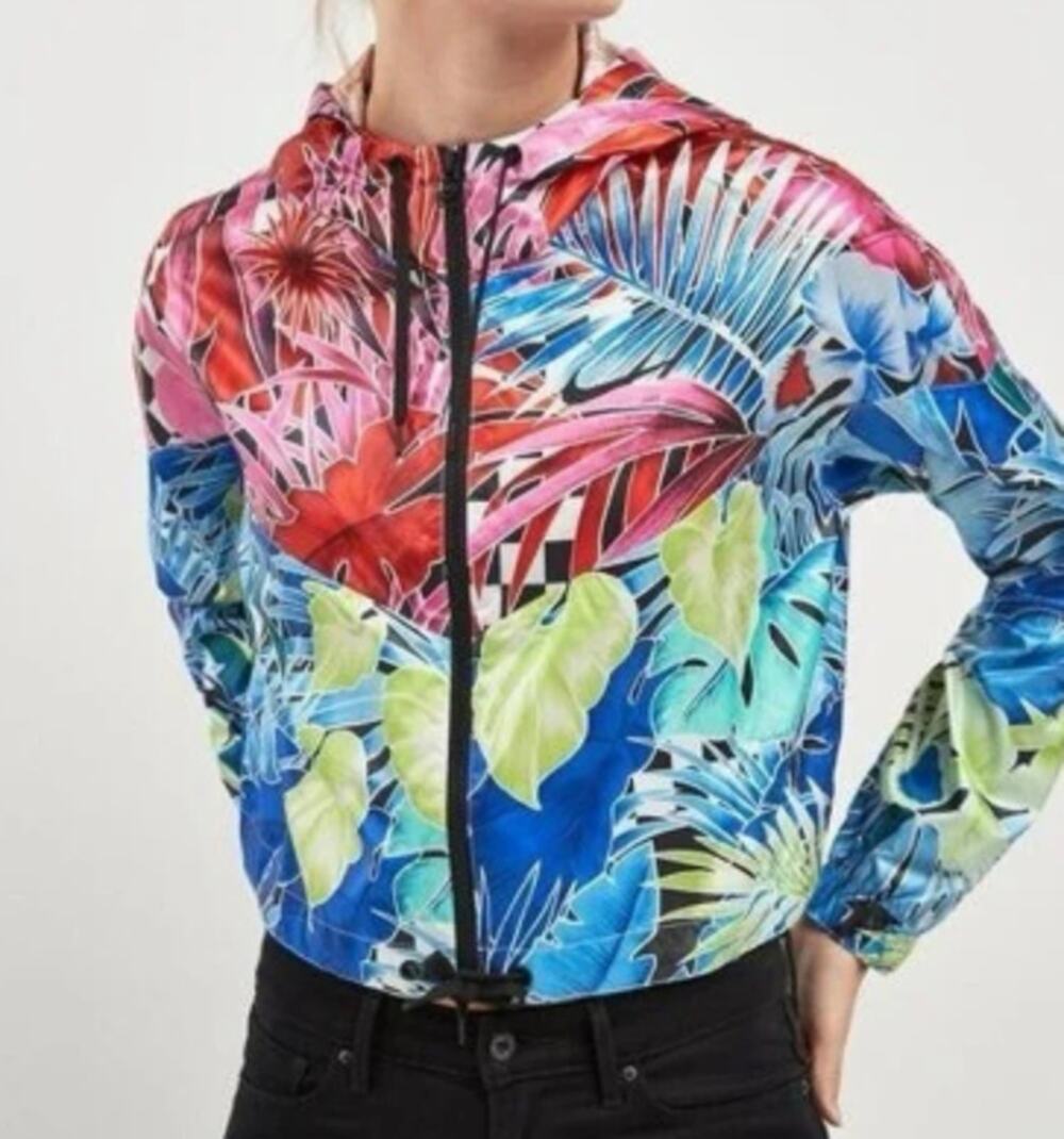 Nike Windrunner Cropped Jacket Tropical Leaf Print Sz L EUC